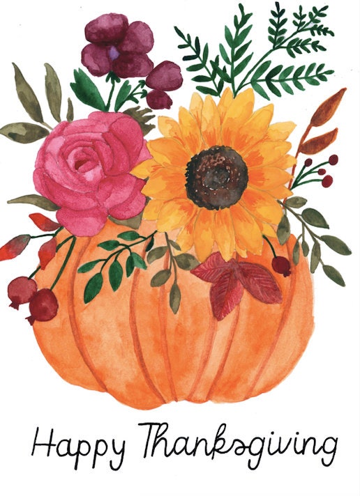 Pumpkin Floral Arrangement - Happy Thanksgiving Card,