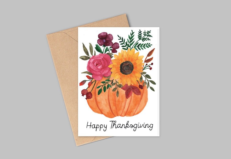 Pumpkin Floral Arrangement - Happy Thanksgiving Card,
