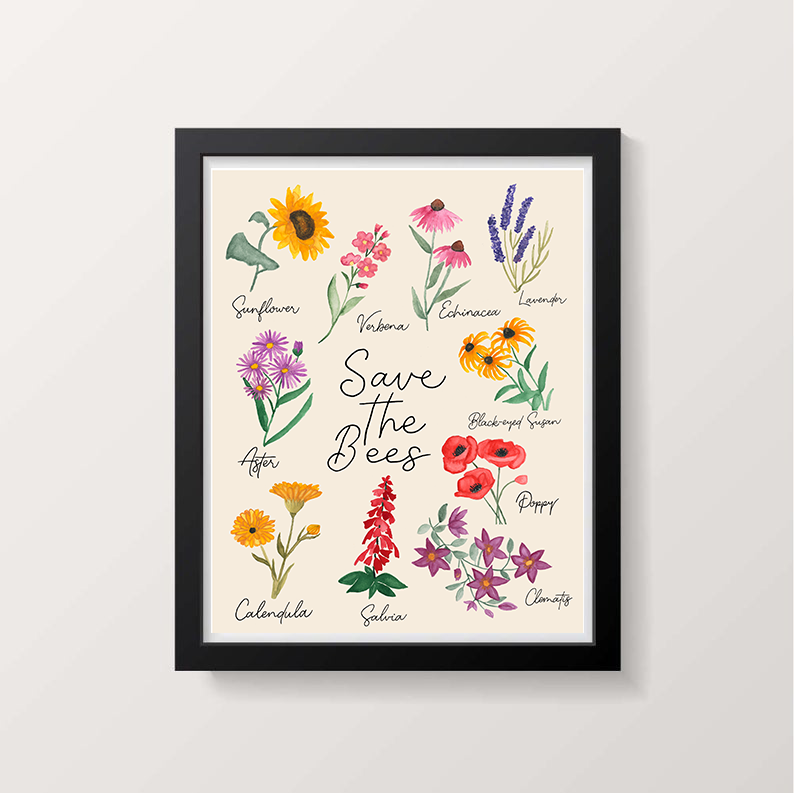 Save The Bees, Floral Art Print