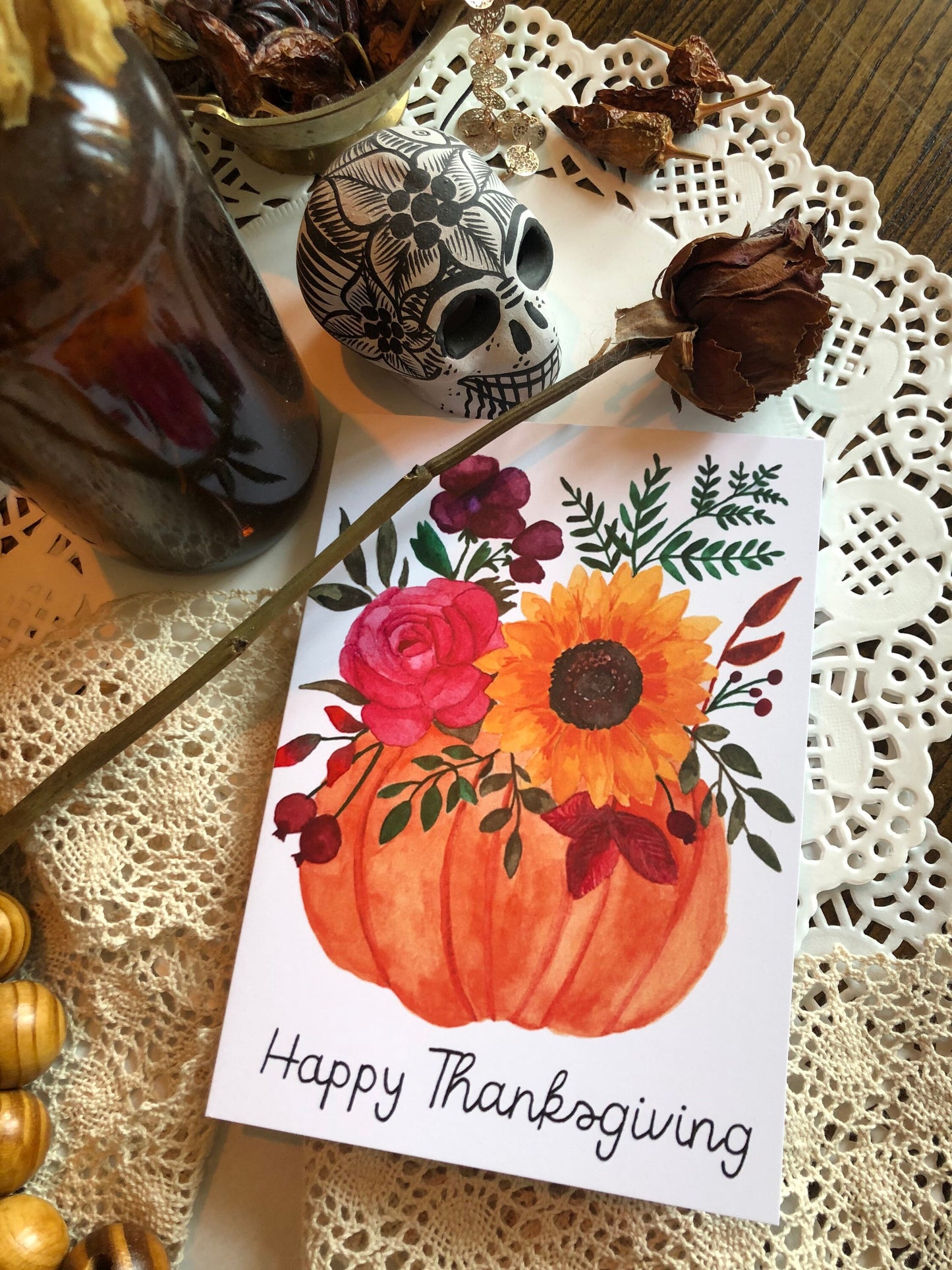Pumpkin Floral Arrangement - Happy Thanksgiving Card,