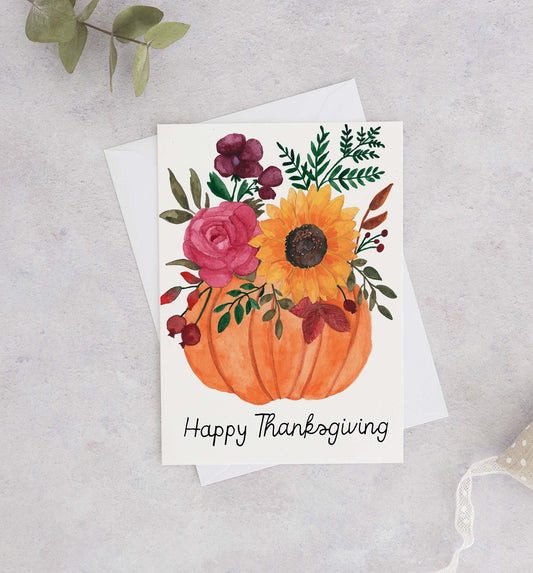 Pumpkin Floral Arrangement - Happy Thanksgiving Card,