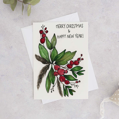 Merry Christmas and Happy New Year Floral Christmas Card